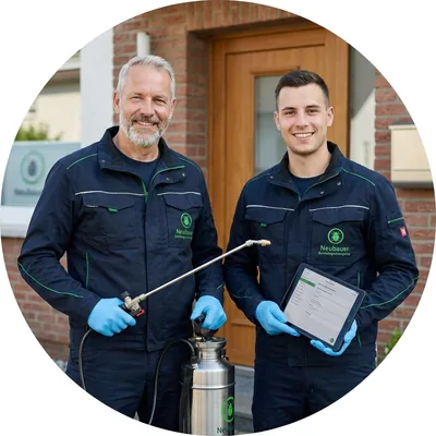 Andreas und Michael Neubauer treffen mit Schutzausrüstung, Drucksprüher und Bioziden beim Kunden ein